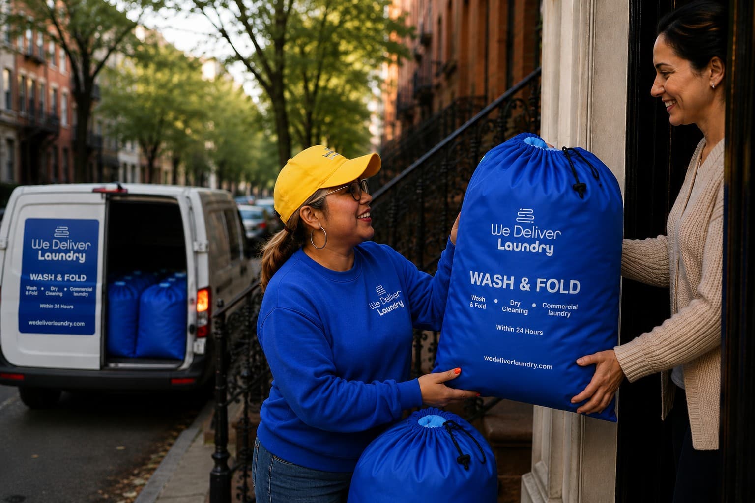 We Deliver Laundry driver handing off a branded wash & fold bag at a customer's door